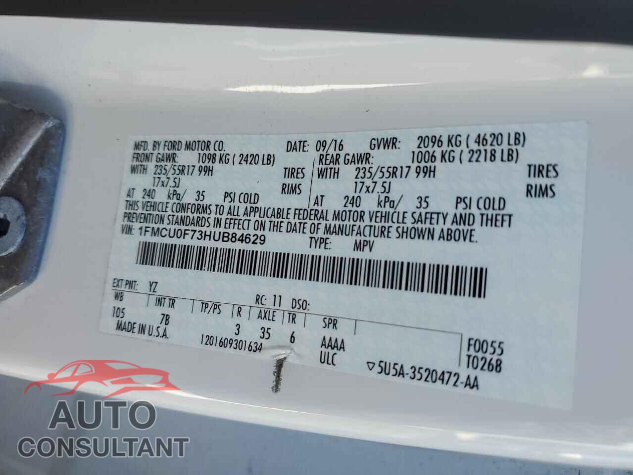 FORD ESCAPE 2017 - 1FMCU0F73HUB84629