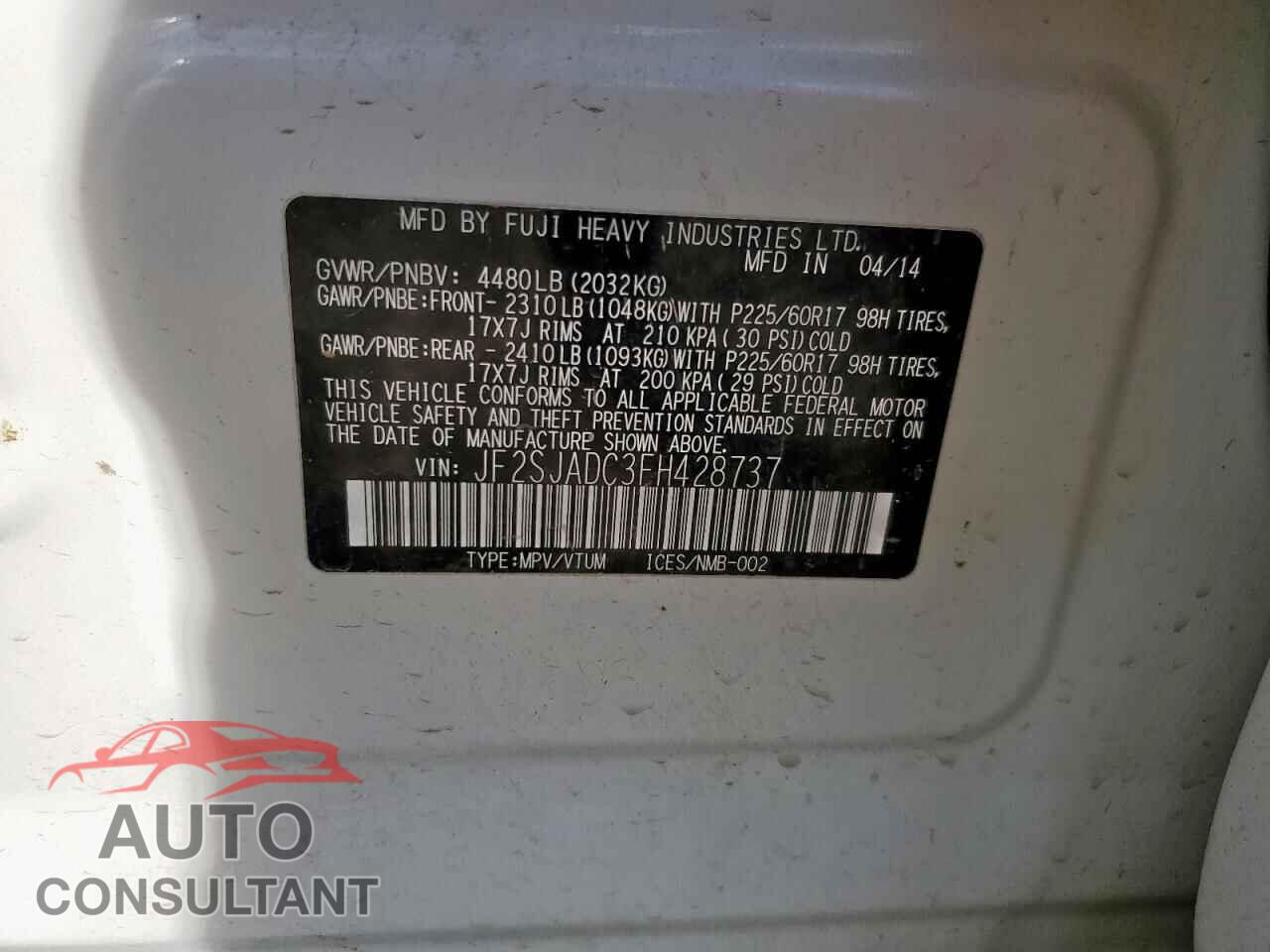 SUBARU FORESTER 2015 - JF2SJADC3FH428737