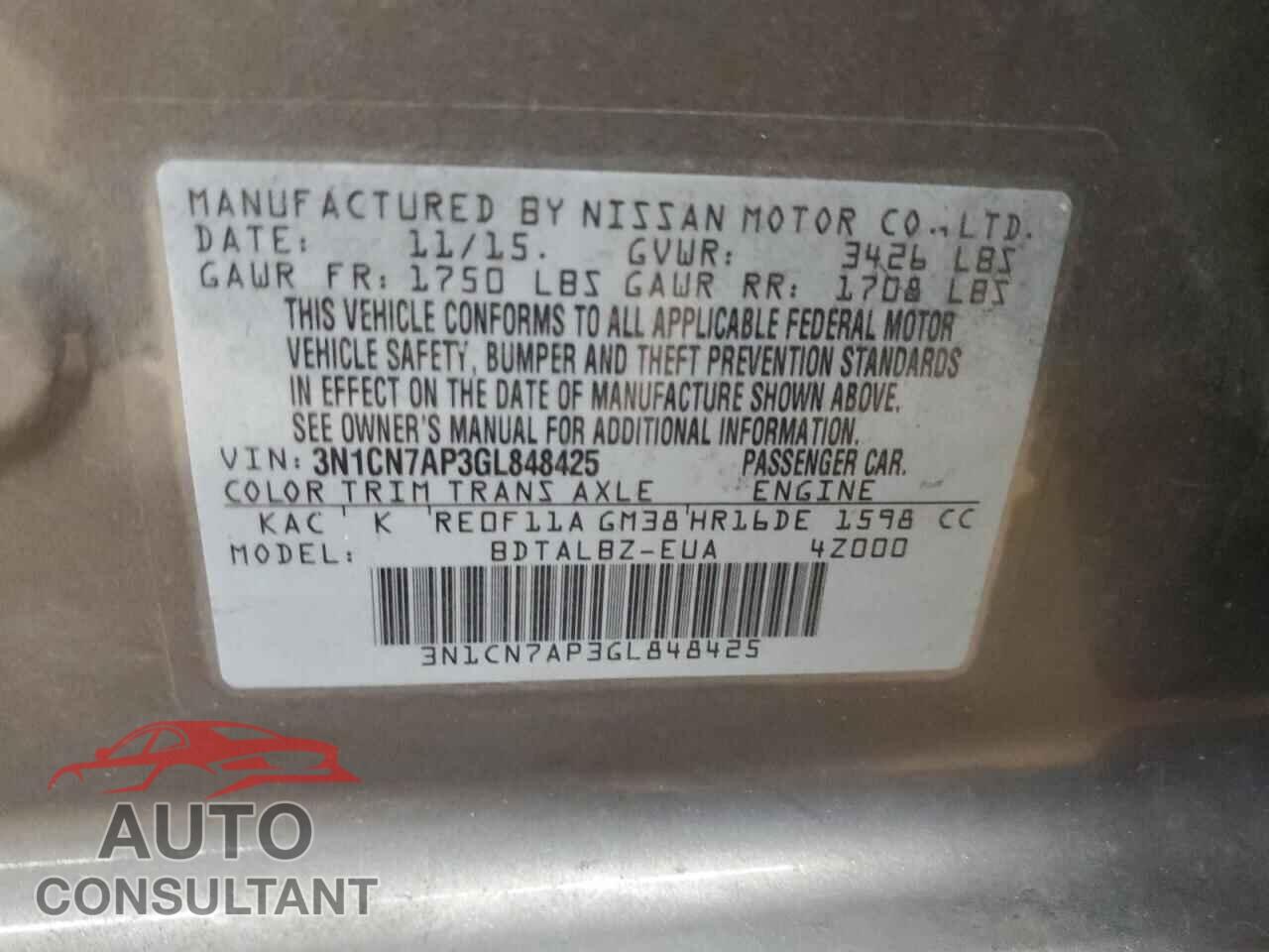 NISSAN VERSA 2016 - 3N1CN7AP3GL848425