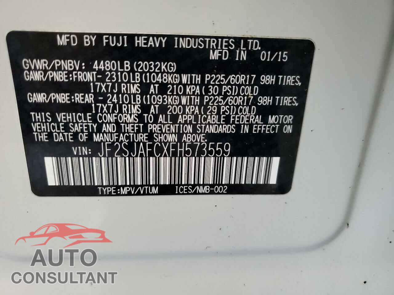 SUBARU FORESTER 2015 - JF2SJAFCXFH573559