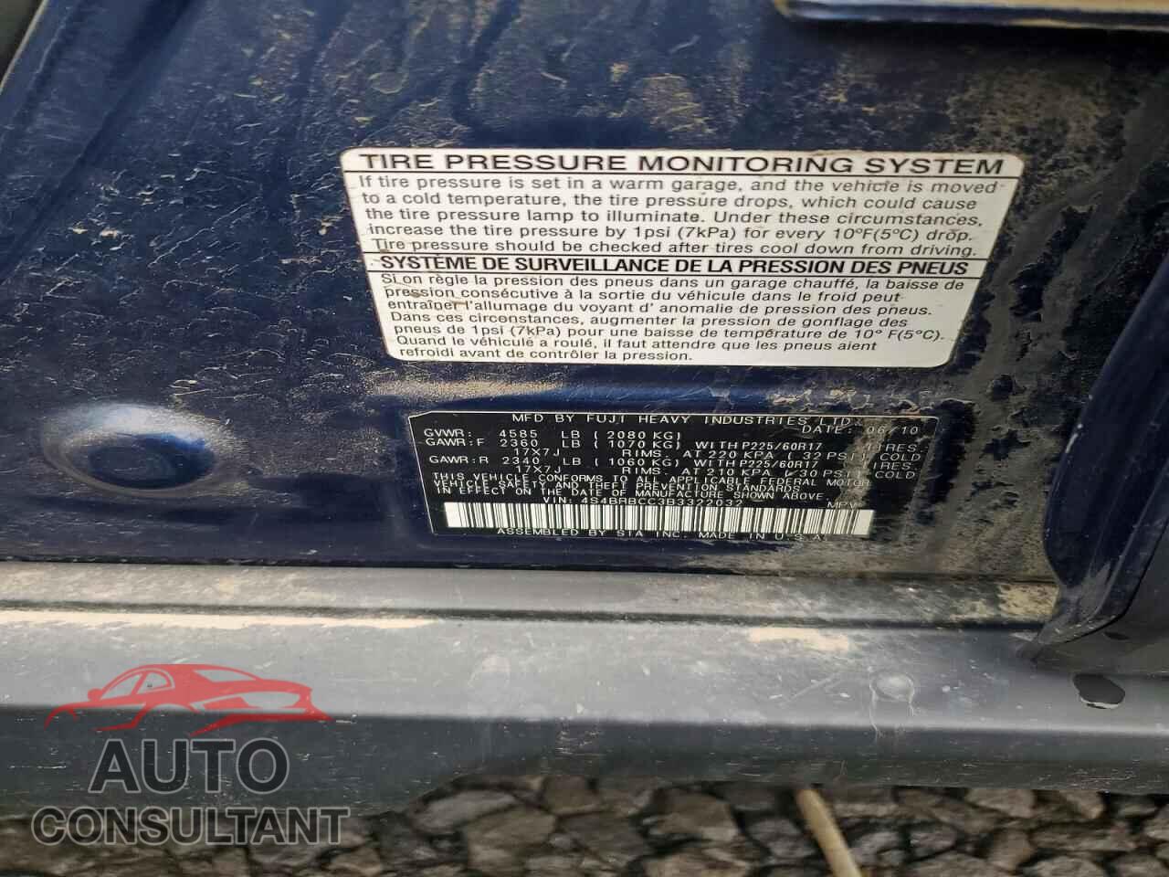 SUBARU OUTBACK 2011 - 4S4BRBCC3B3322032