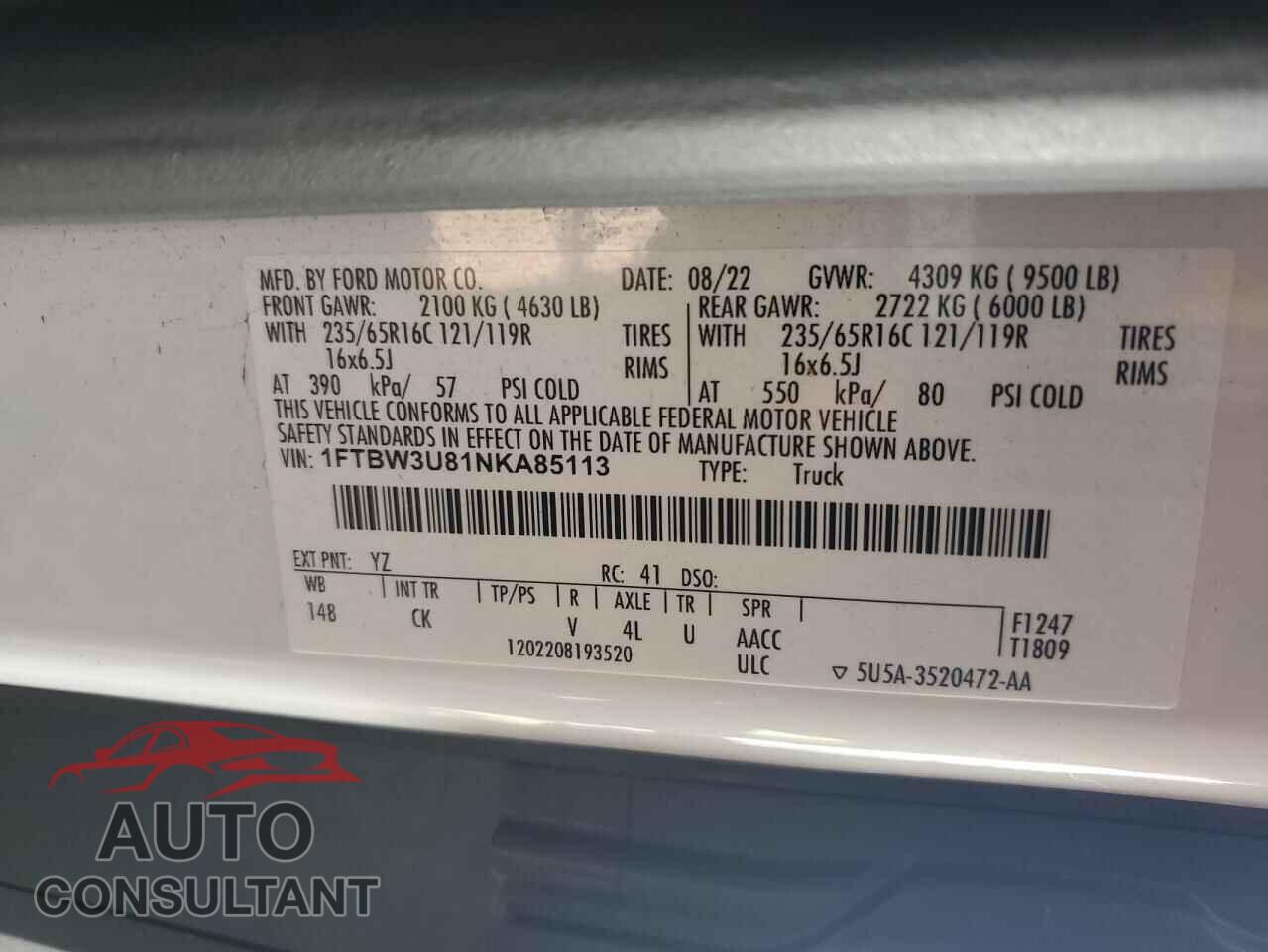 FORD TRANSIT 2022 - 1FTBW3U81NKA85113