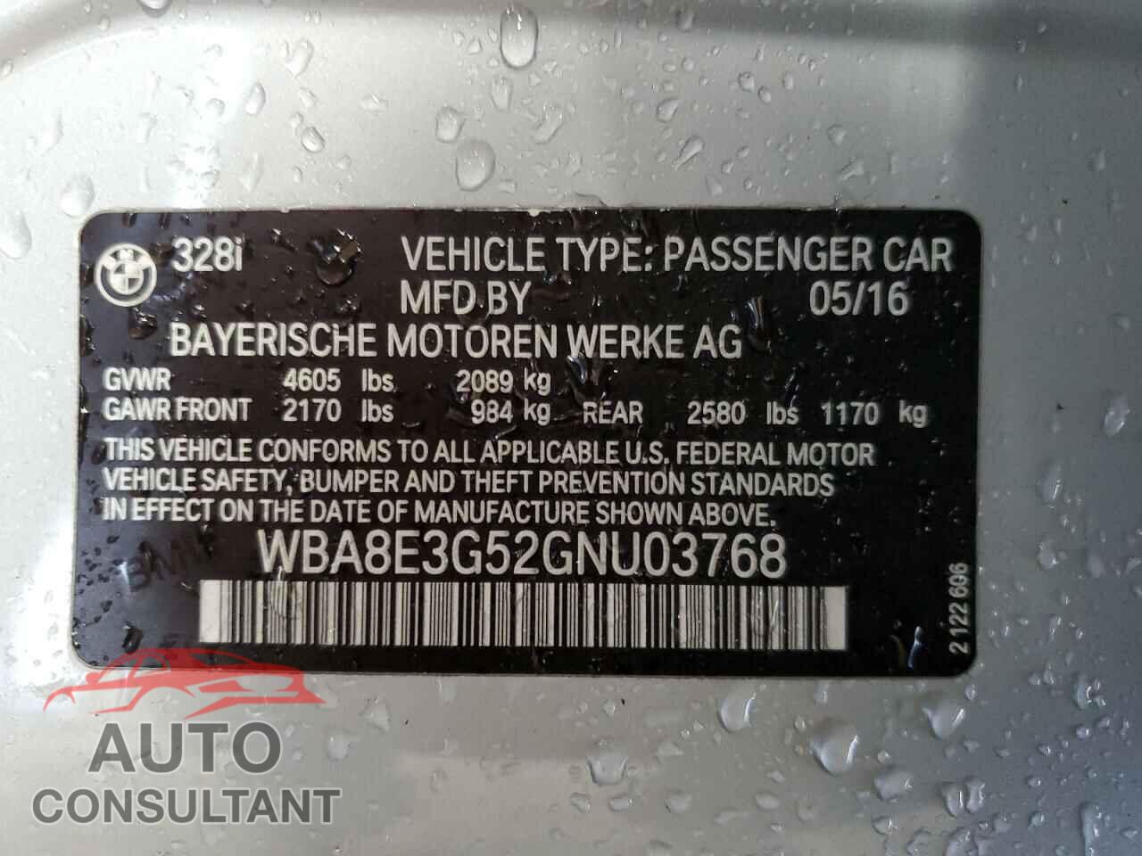 BMW 3 SERIES 2016 - WBA8E3G52GNU03768