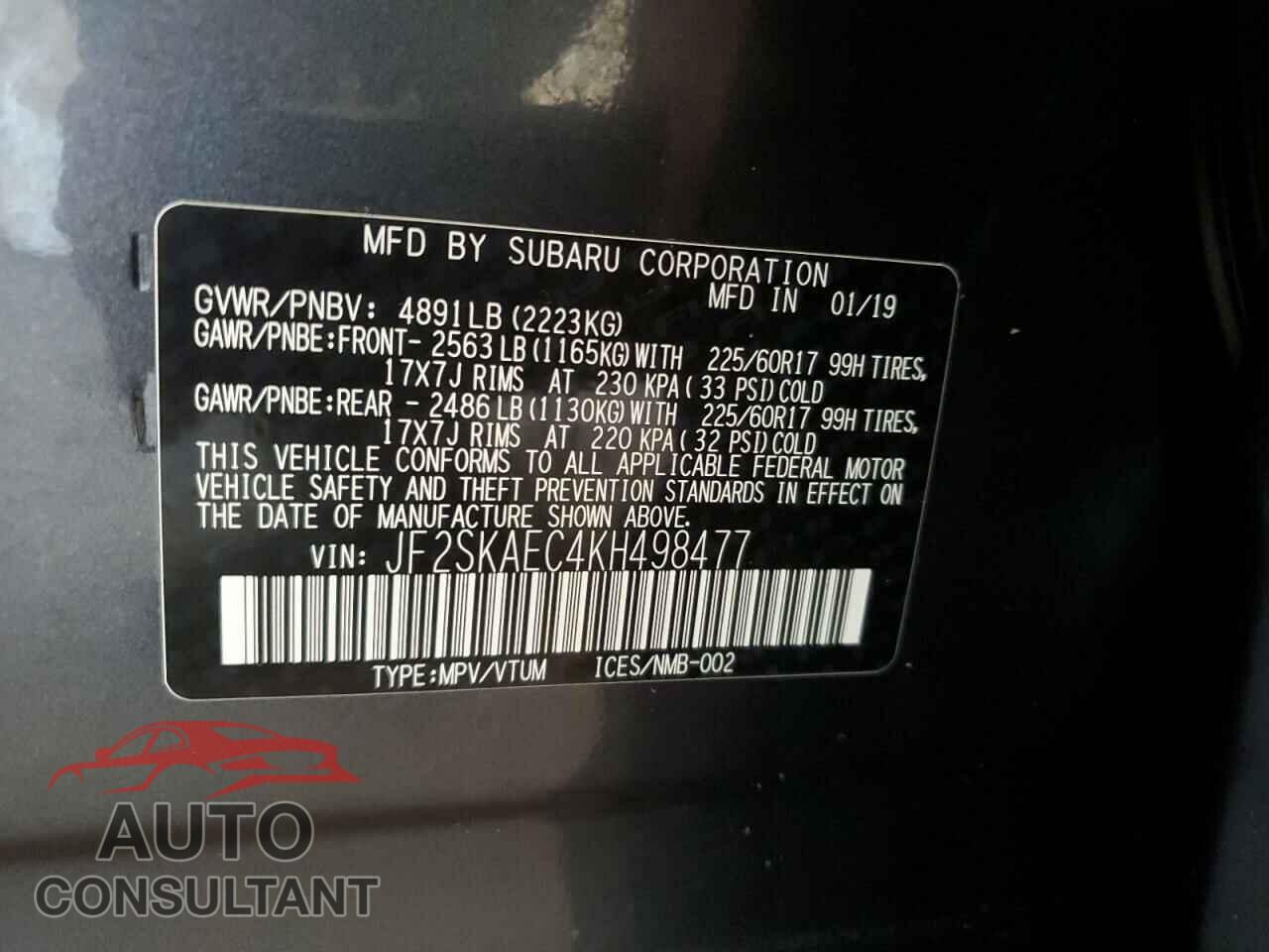 SUBARU FORESTER 2019 - JF2SKAEC4KH498477
