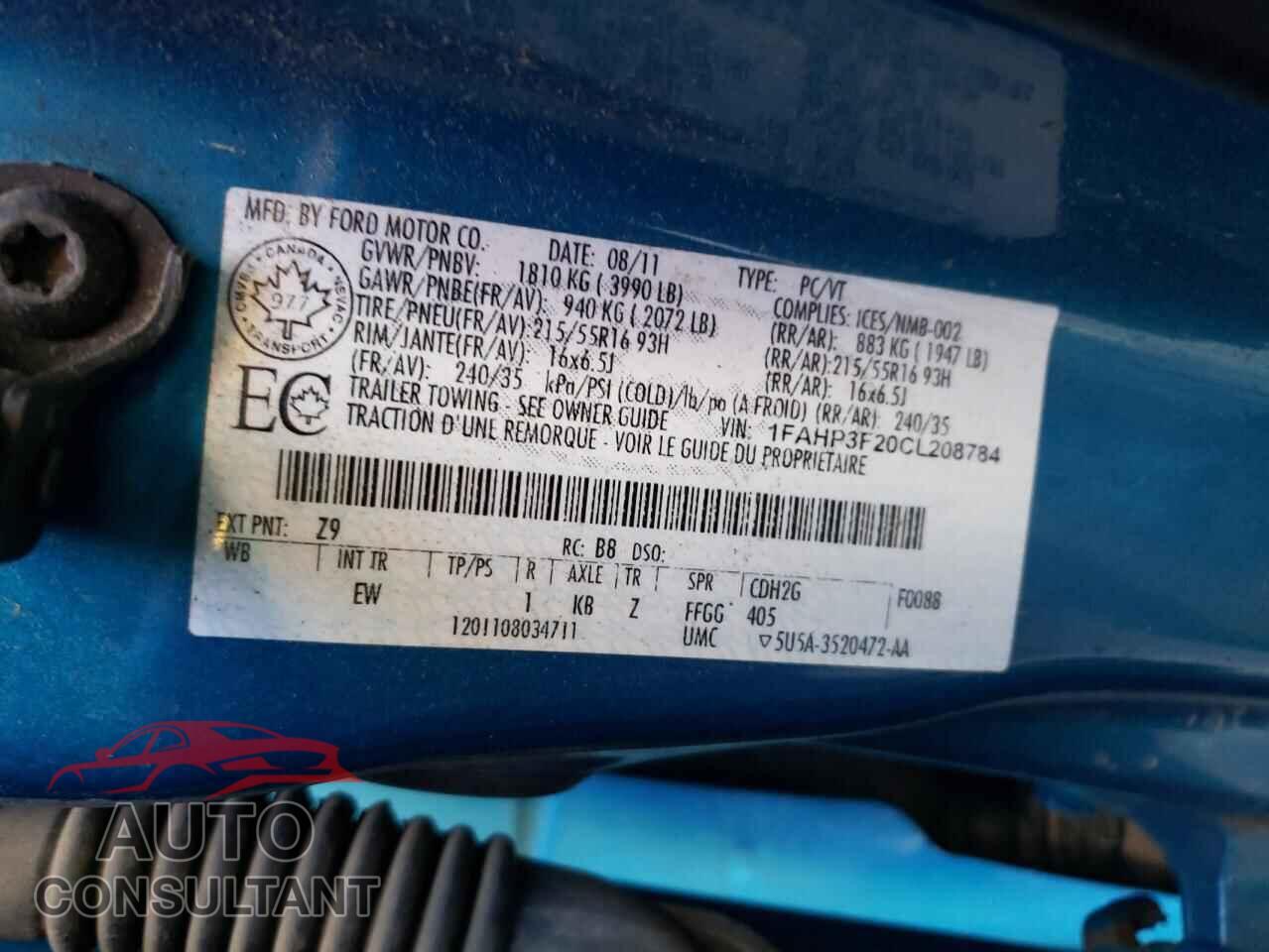FORD FOCUS 2012 - 1FAHP3F20CL208784