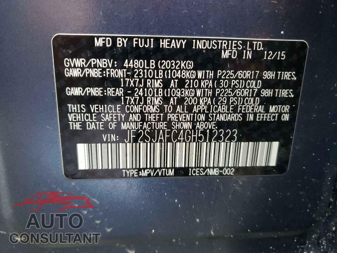 SUBARU FORESTER 2016 - JF2SJAFC4GH512323