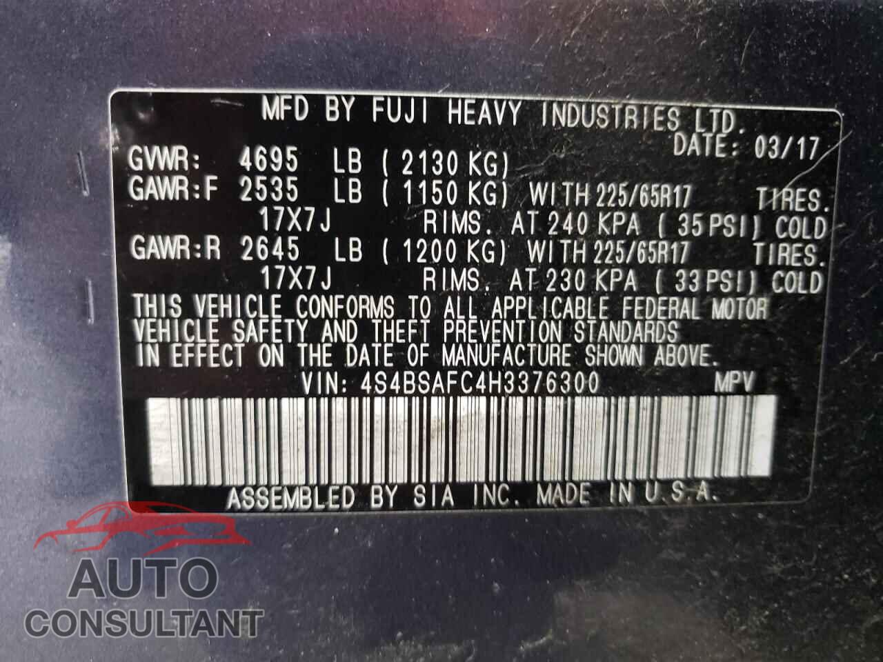 SUBARU OUTBACK 2017 - 4S4BSAFC4H3376300