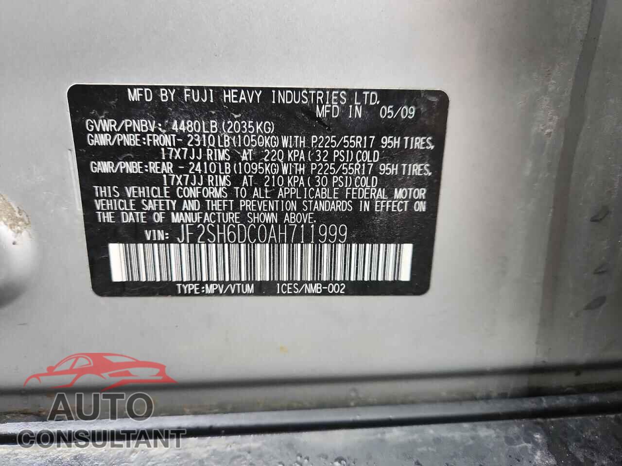 SUBARU FORESTER 2010 - JF2SH6DC0AH711999