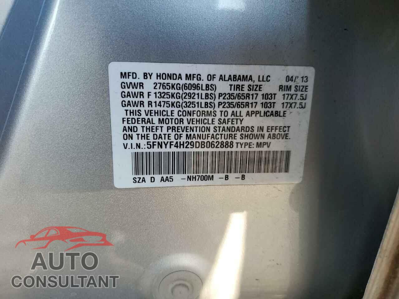 HONDA PILOT 2013 - 5FNYF4H29DB062888
