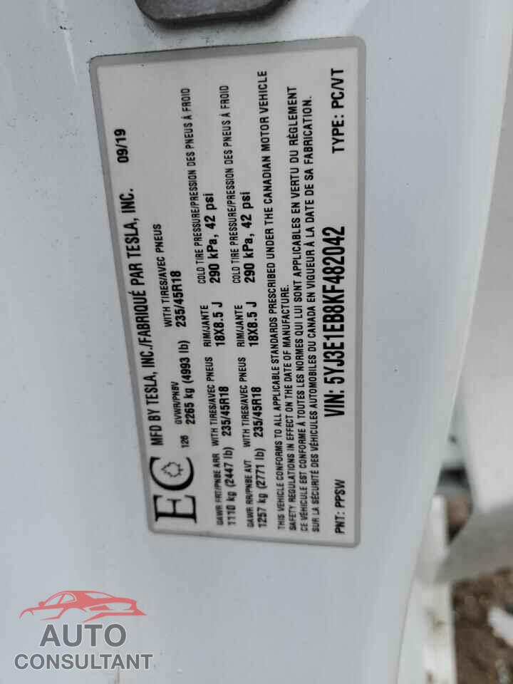 TESLA MODEL 3 2019 - 5YJ3E1EB8KF482042