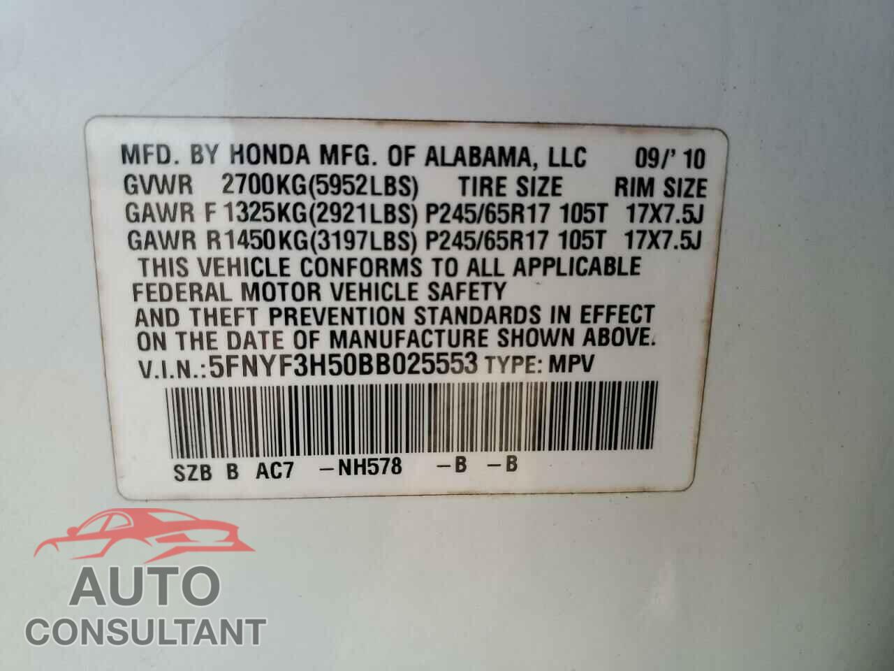 HONDA PILOT 2011 - 5FNYF3H50BB025553