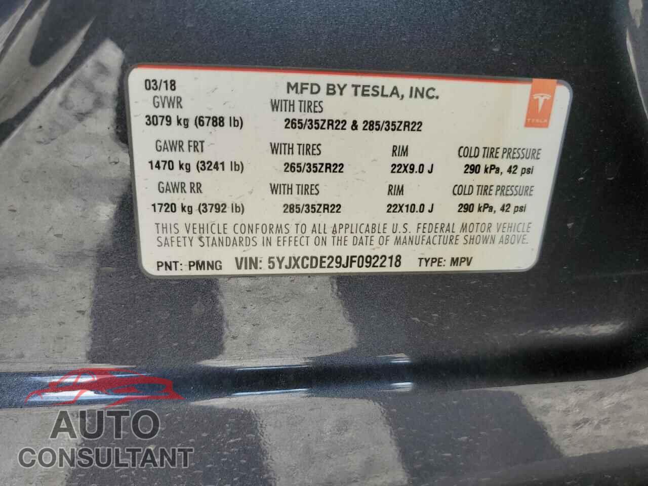 TESLA MODEL X 2018 - 5YJXCDE29JF092218