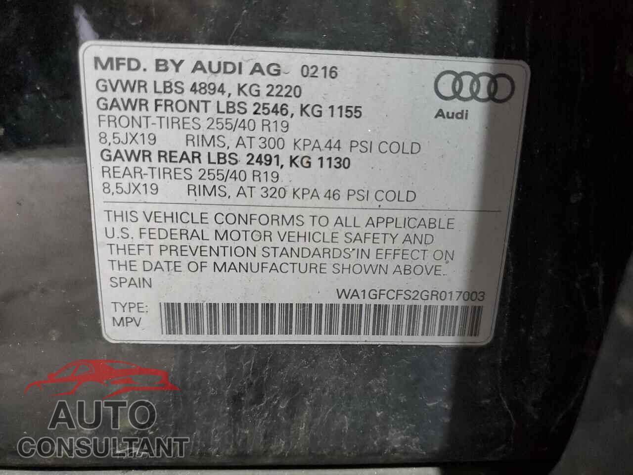 AUDI Q3 2016 - WA1GFCFS2GR017003