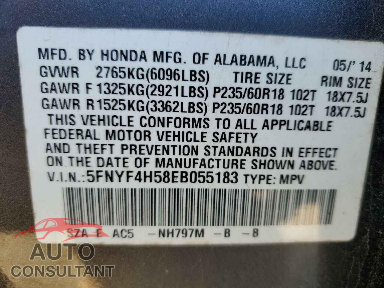 HONDA PILOT 2014 - 5FNYF4H58EB055183