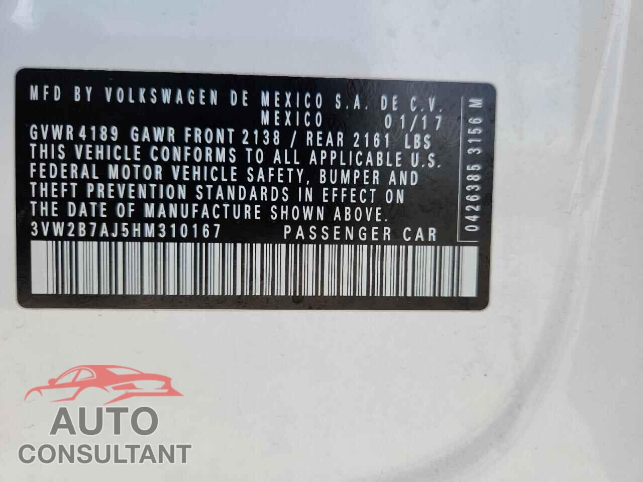 VOLKSWAGEN JETTA 2017 - 3VW2B7AJ5HM310167