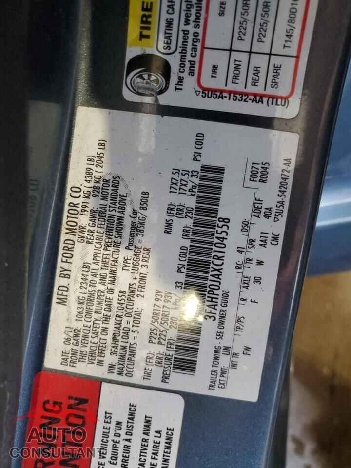 FORD FUSION 2012 - 3FAHP0JAXCR104558