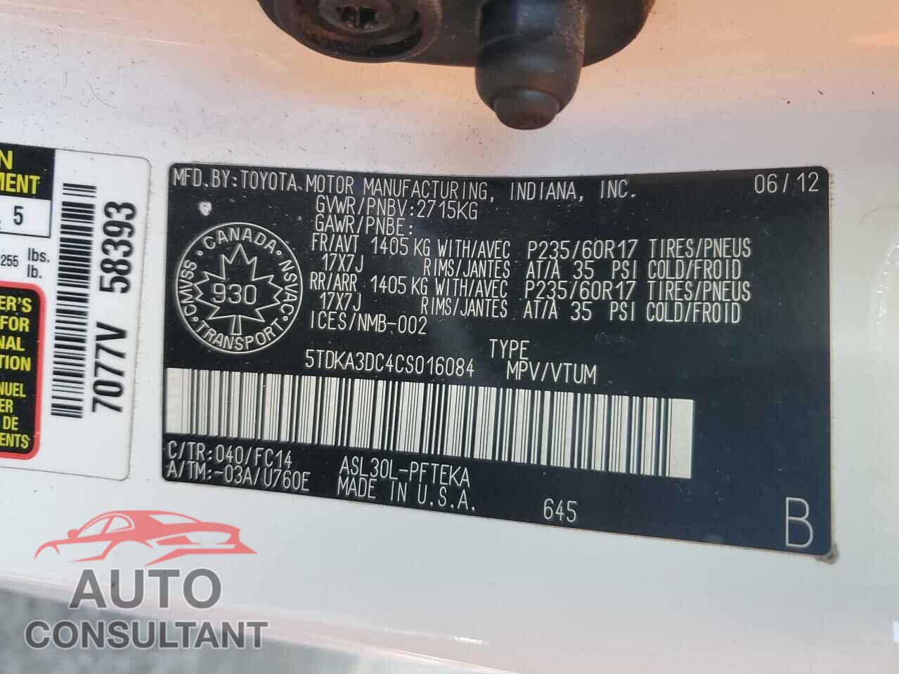 TOYOTA SIENNA 2012 - 5TDKA3DC4CS016084