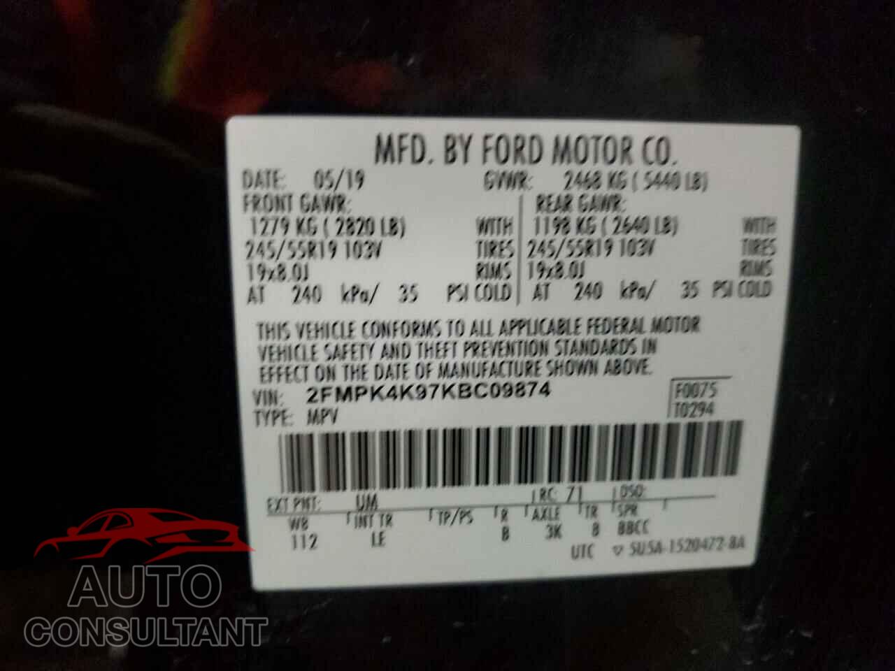 FORD EDGE 2019 - 2FMPK4K97KBC09874