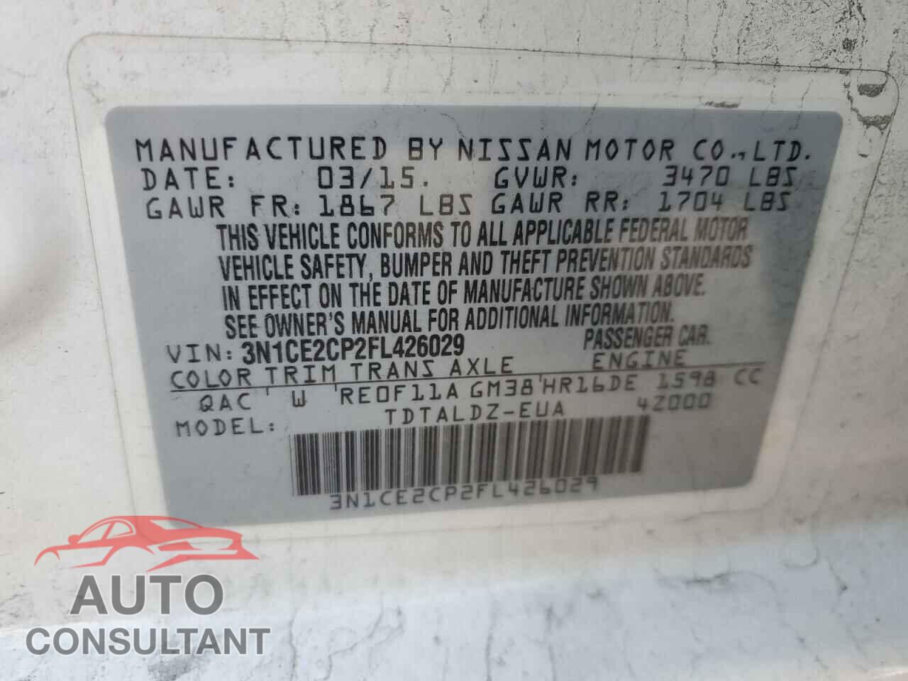 NISSAN VERSA 2015 - 3N1CE2CP2FL426029
