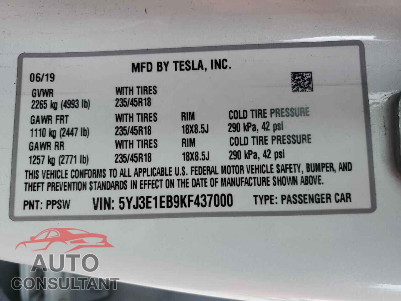 TESLA MODEL 3 2019 - 5YJ3E1EB9KF437000