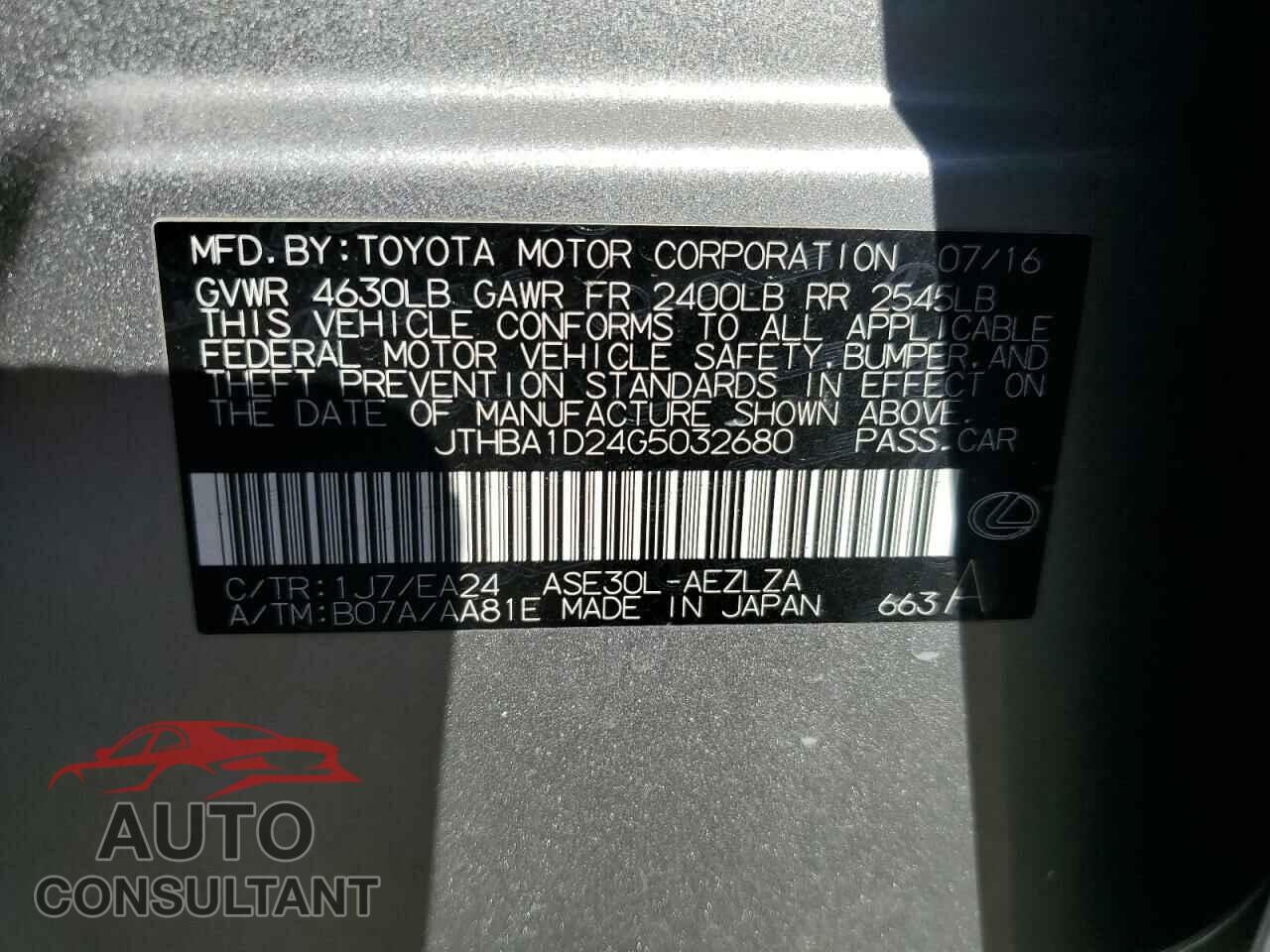 LEXUS IS 2016 - JTHBA1D24G5032680