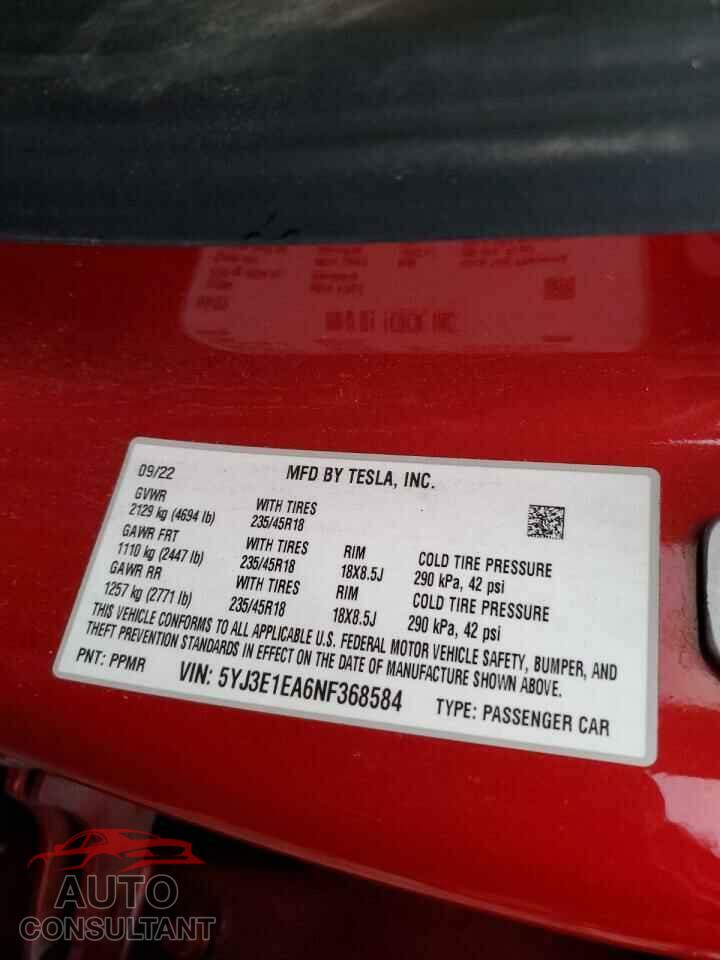 TESLA MODEL 3 2022 - 5YJ3E1EA6NF368584