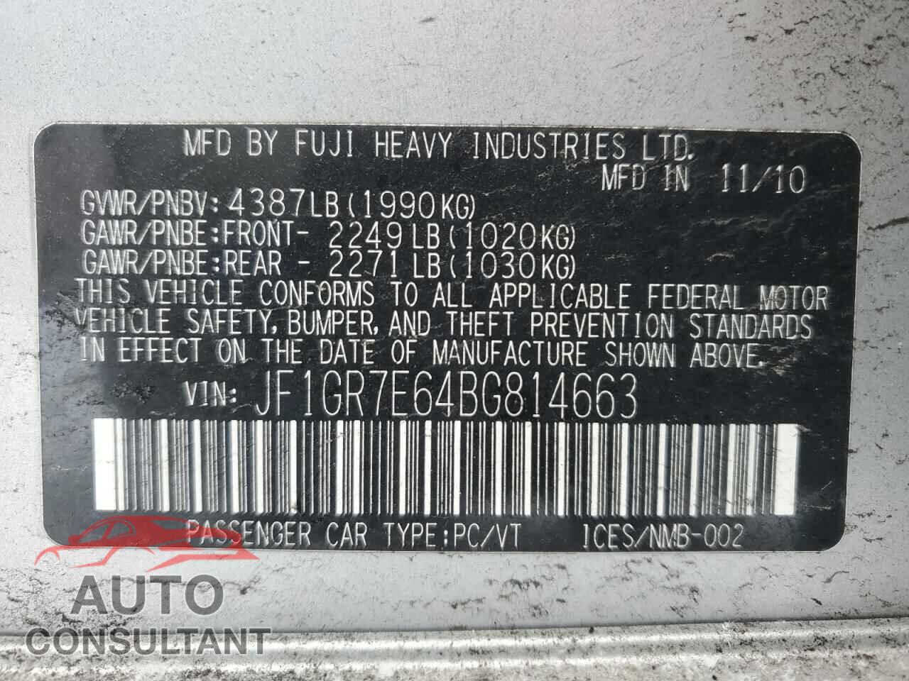 SUBARU WRX 2011 - JF1GR7E64BG814663