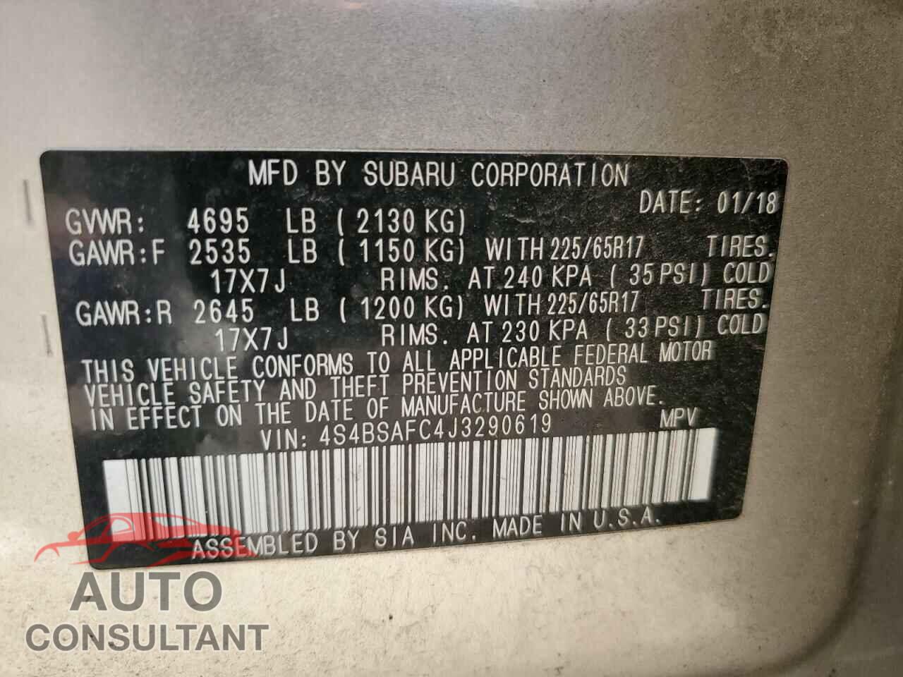 SUBARU OUTBACK 2018 - 4S4BSAFC4J3290619