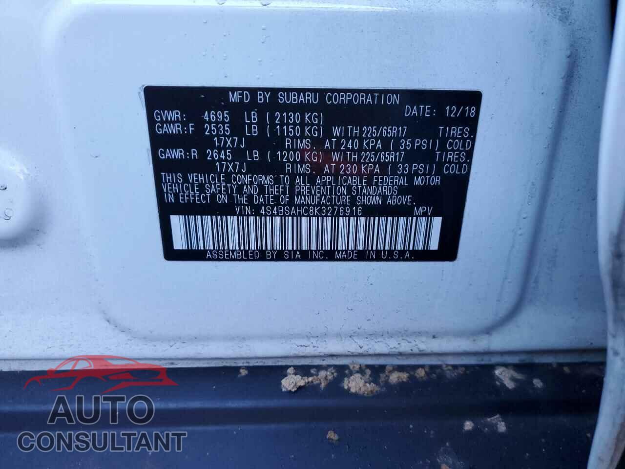 SUBARU OUTBACK 2019 - 4S4BSAHC8K3276916