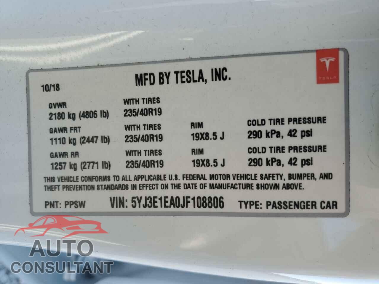 TESLA MODEL 3 2018 - 5YJ3E1EA0JF108806