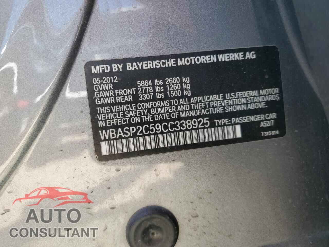 BMW 5 SERIES 2012 - WBASP2C59CC338925