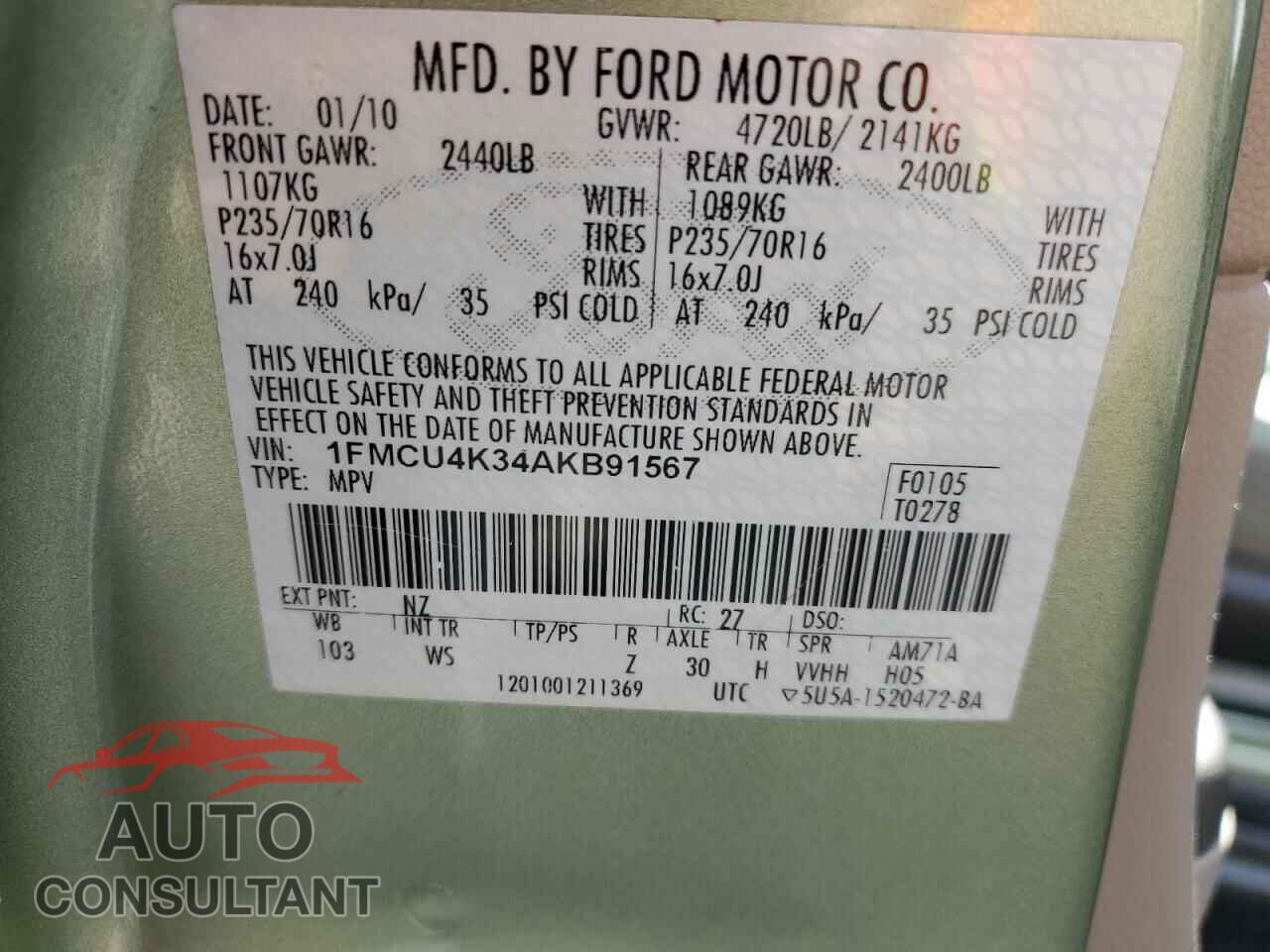 FORD ESCAPE 2010 - 1FMCU4K34AKB91567