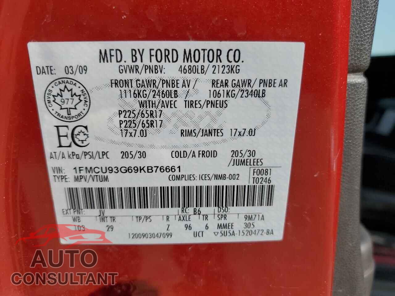 FORD ESCAPE 2009 - 1FMCU93G69KB76661