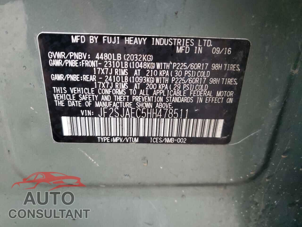 SUBARU FORESTER 2017 - JF2SJAEC5HH478511
