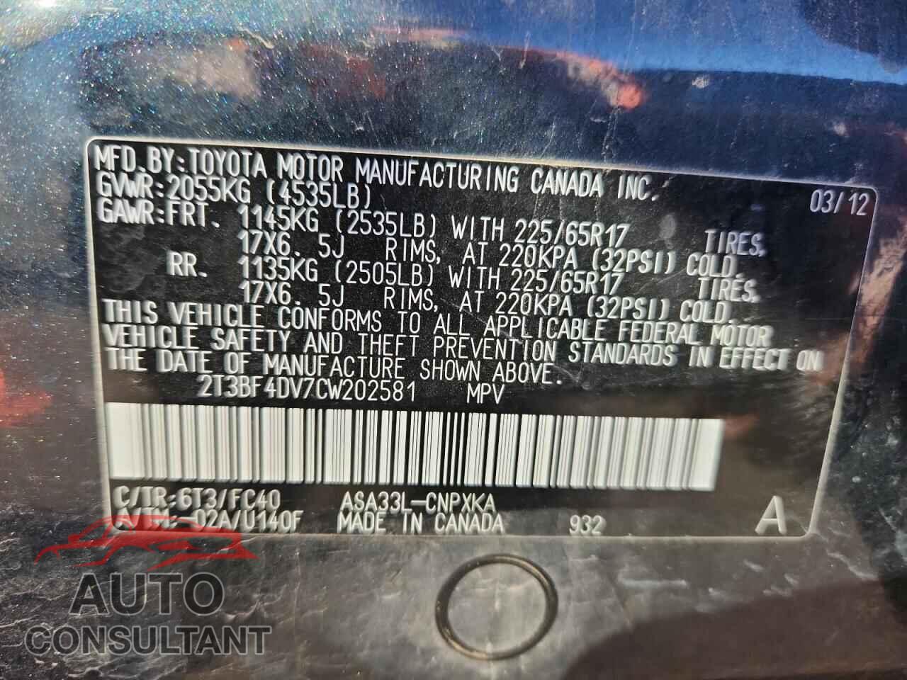 TOYOTA RAV4 2012 - 2T3BF4DV7CW202581
