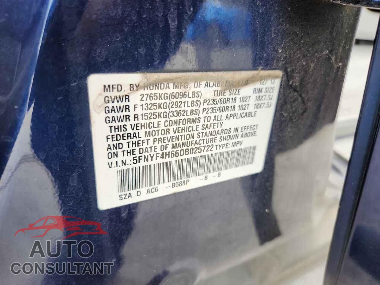 HONDA PILOT 2013 - 5FNYF4H66DB025722