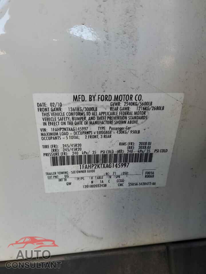 FORD TAURUS 2010 - 1FAHP2KTXAG145997