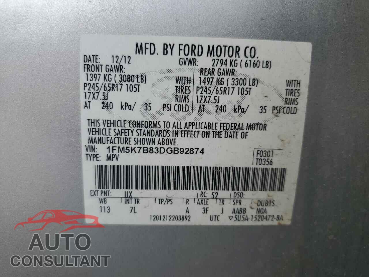 FORD EXPLORER 2013 - 1FM5K7B83DGB92874