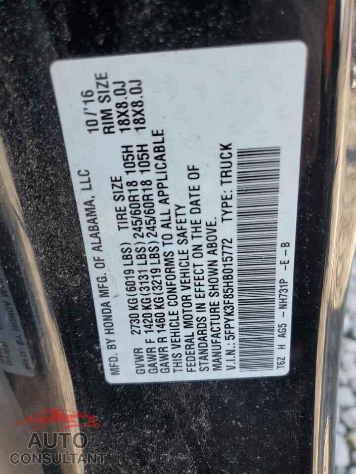 HONDA RIDGELINE 2017 - 5FPYK3F85HB015772