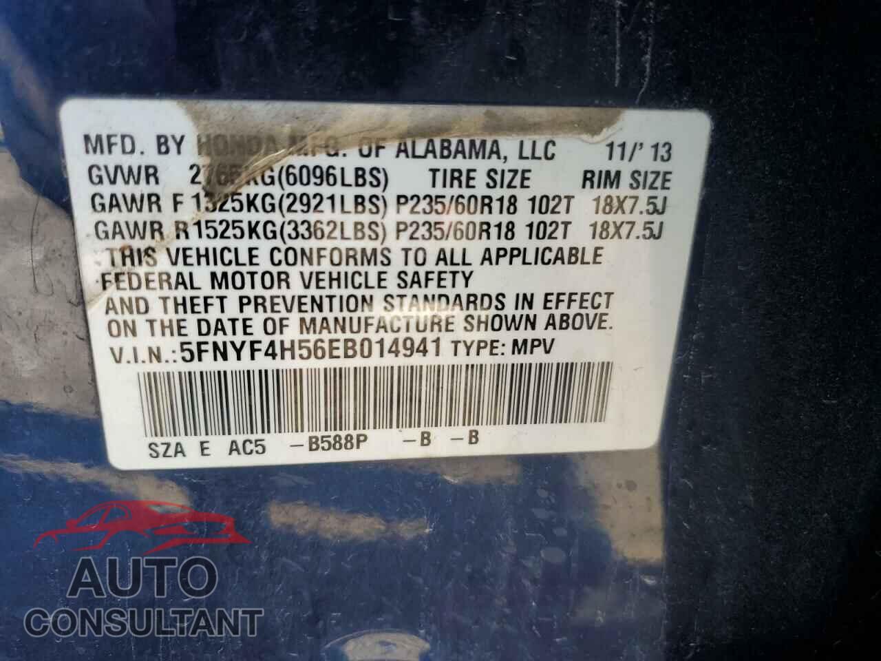HONDA PILOT 2014 - 5FNYF4H56EB014941