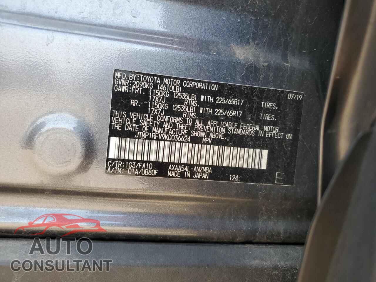 TOYOTA RAV4 2019 - JTMP1RFV9KD036624
