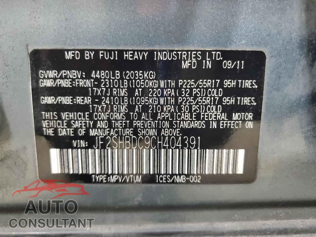 SUBARU FORESTER 2012 - JF2SHBDC9CH404391