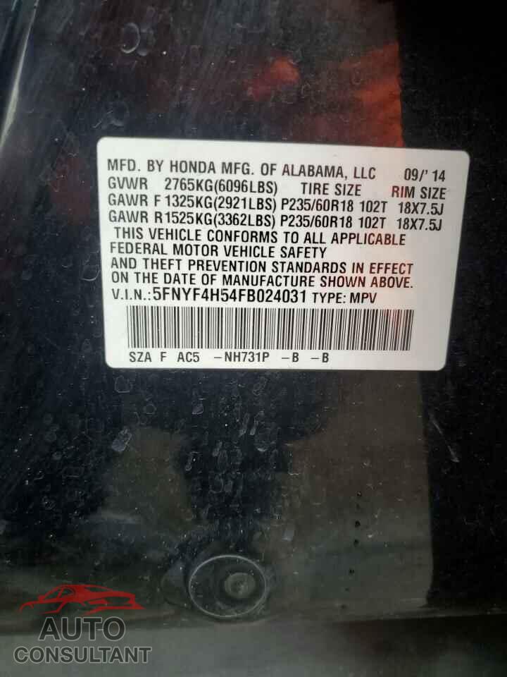 HONDA PILOT 2015 - 5FNYF4H54FB024031