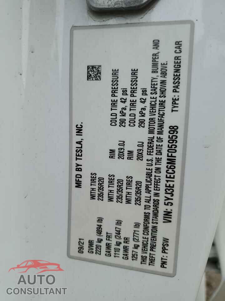 TESLA MODEL 3 2021 - 5YJ3E1EC6MF059598