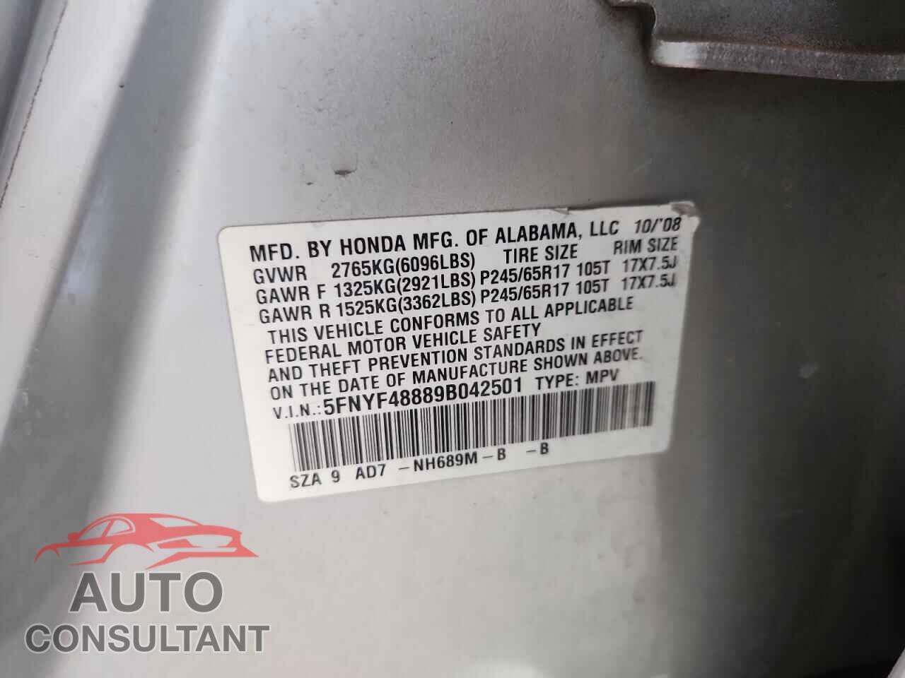 HONDA PILOT 2009 - 5FNYF48889B042501