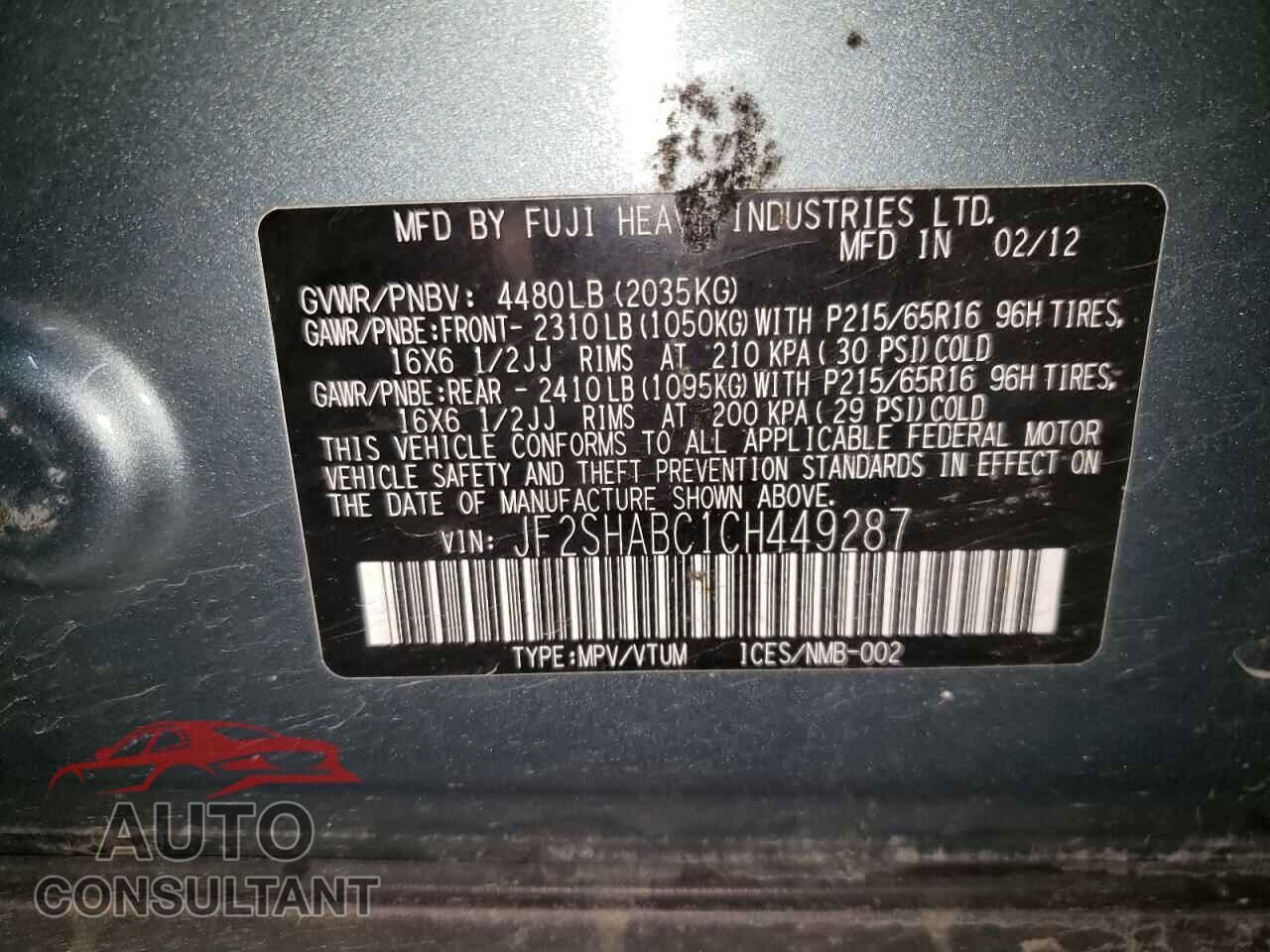 SUBARU FORESTER 2012 - JF2SHABC1CH449287