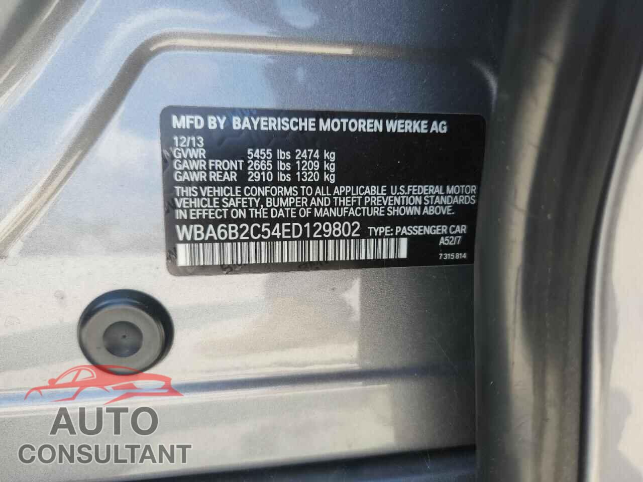 BMW 6 SERIES 2014 - WBA6B2C54ED129802