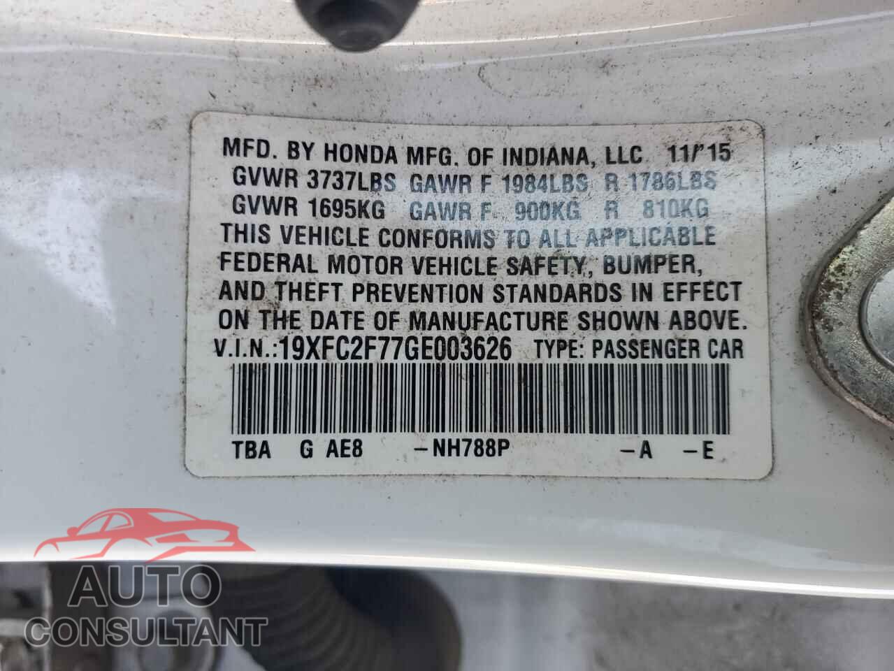 HONDA CIVIC 2016 - 19XFC2F77GE003626