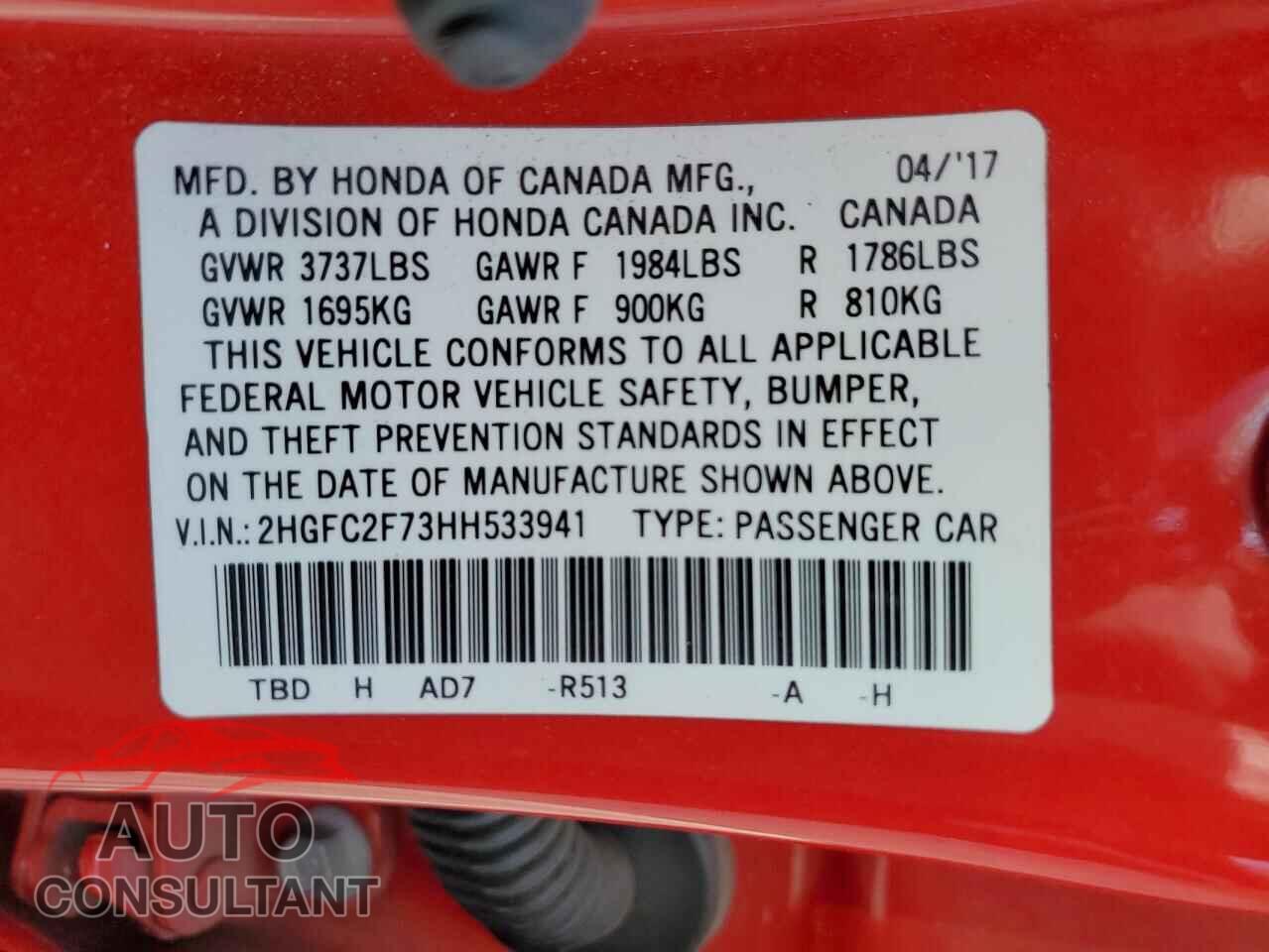 HONDA CIVIC 2017 - 2HGFC2F73HH533941