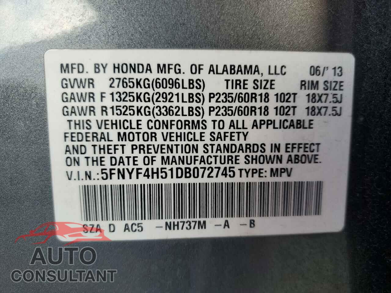 HONDA PILOT 2013 - 5FNYF4H51DB072745
